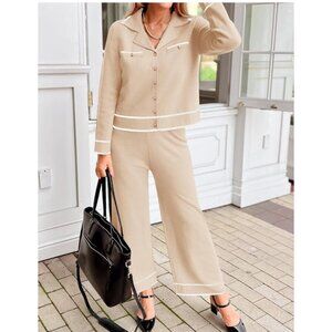Zesica Womens Beige Knit Pant Set With Button-Down Lapel Top & Wide Leg Pants Co
